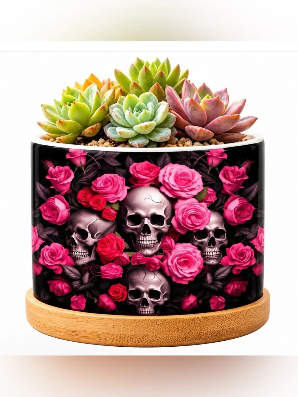 Skull & Pink Rose Decorative Planter - NIB